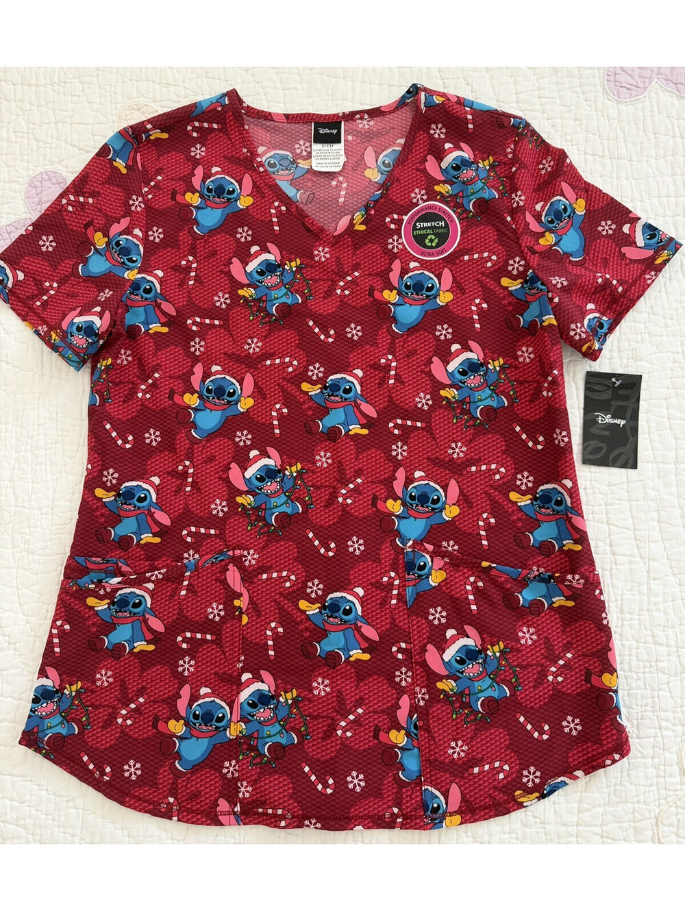 Disney Lilo & Stitch Christmas Scrub Top Women’s Small Red Holiday NWT